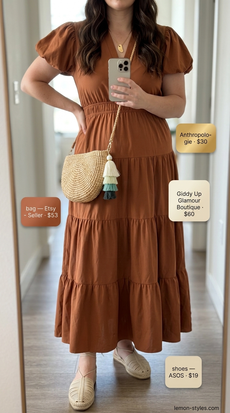 Terracotta tiered maxi dress with straw bag, for trendy NYC summer outfits for women 2026 relaxed weekends.