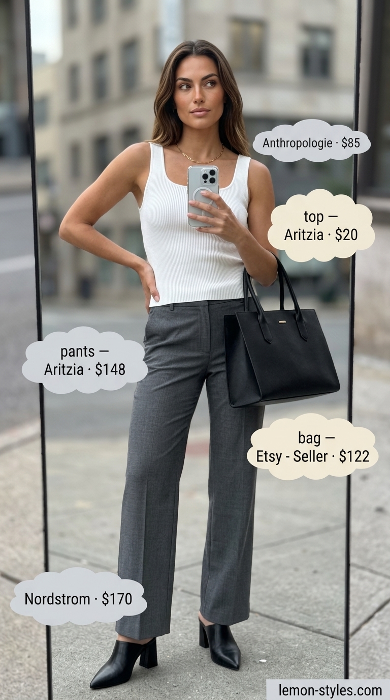 Charcoal grey tailored pants with white tank, for trendy NYC summer outfits for women 2026 business casual.