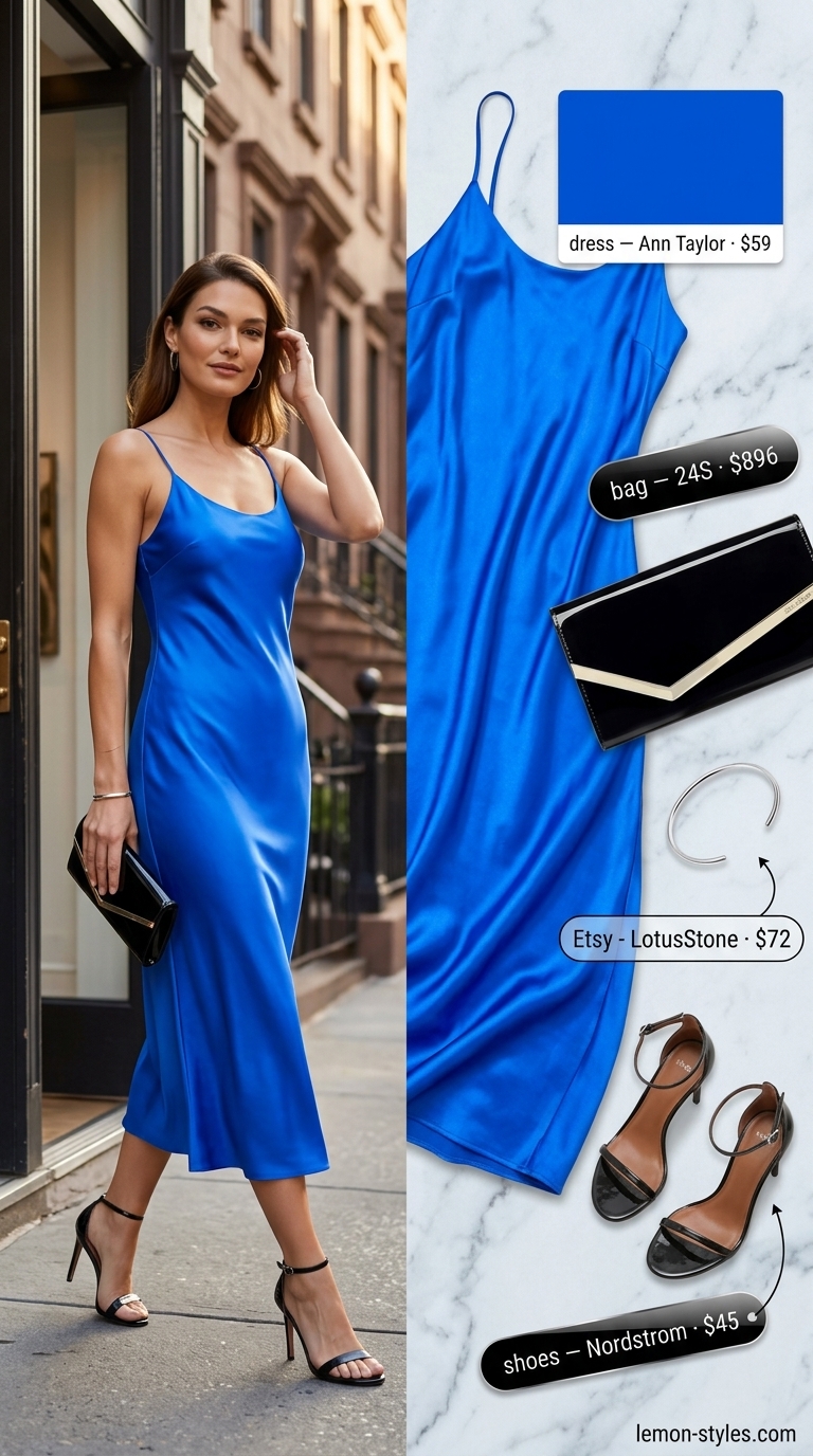 Cobalt blue slip dress with black heels, for trendy NYC summer outfits for women 2026 evening events.