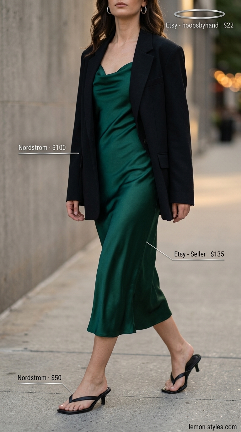 Emerald green slip dress with black blazer, perfect for trendy NYC summer outfits for women 2026 date nights.