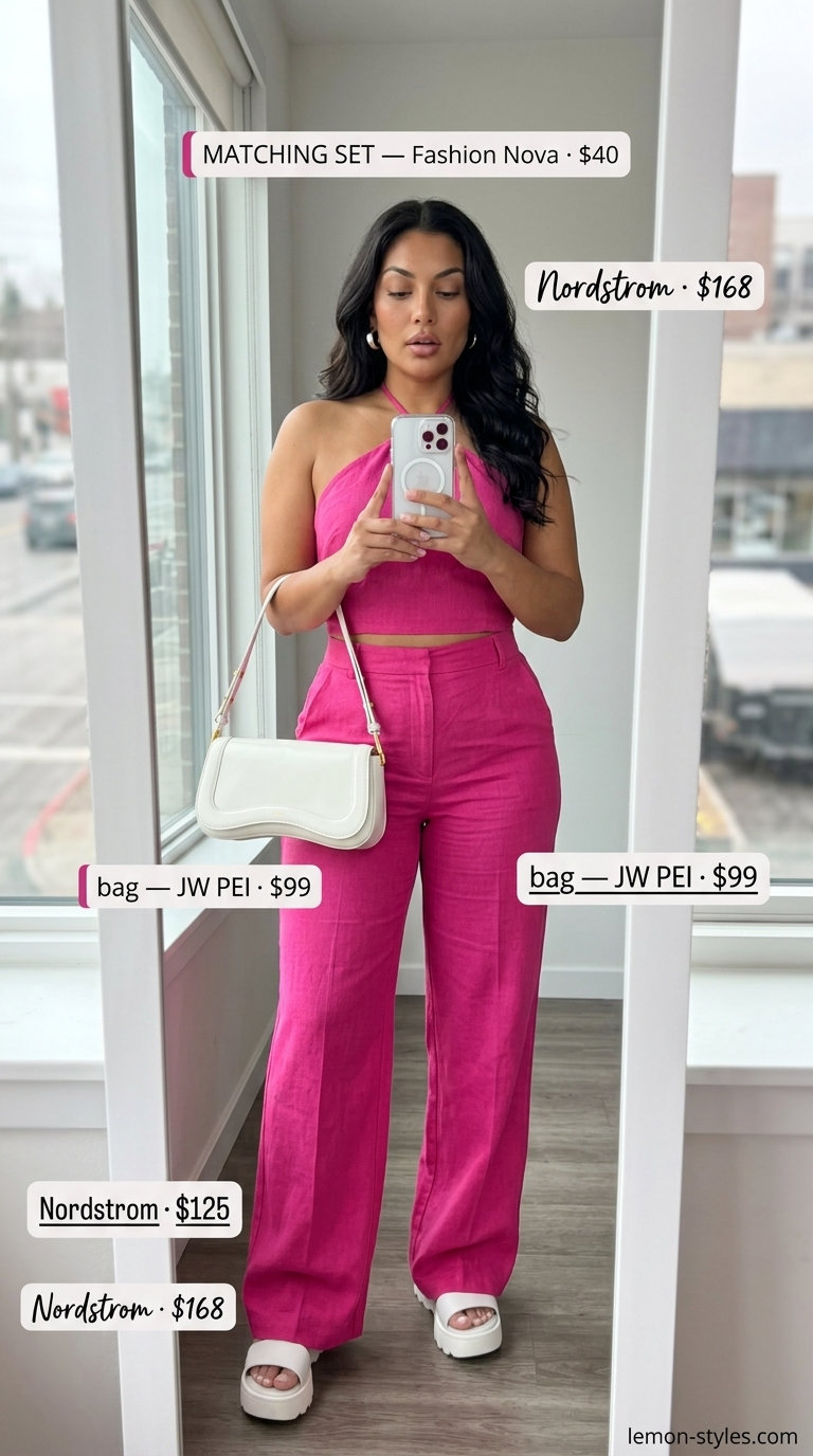 Fuchsia linen crop top and wide-leg pants set for trendy NYC summer outfits for women 2026 brunches.