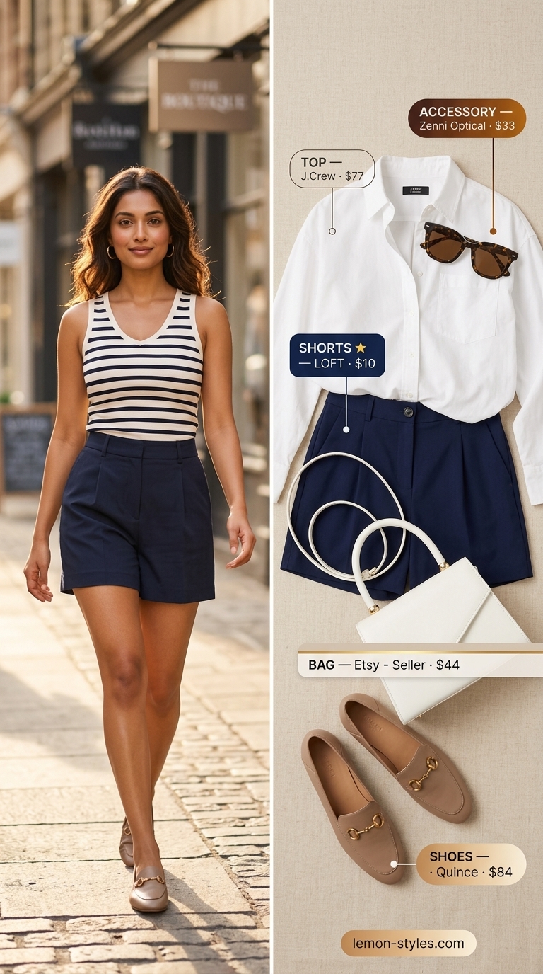 White button-down shirt with navy shorts, for trendy NYC summer outfits for women 2026 polished brunches.