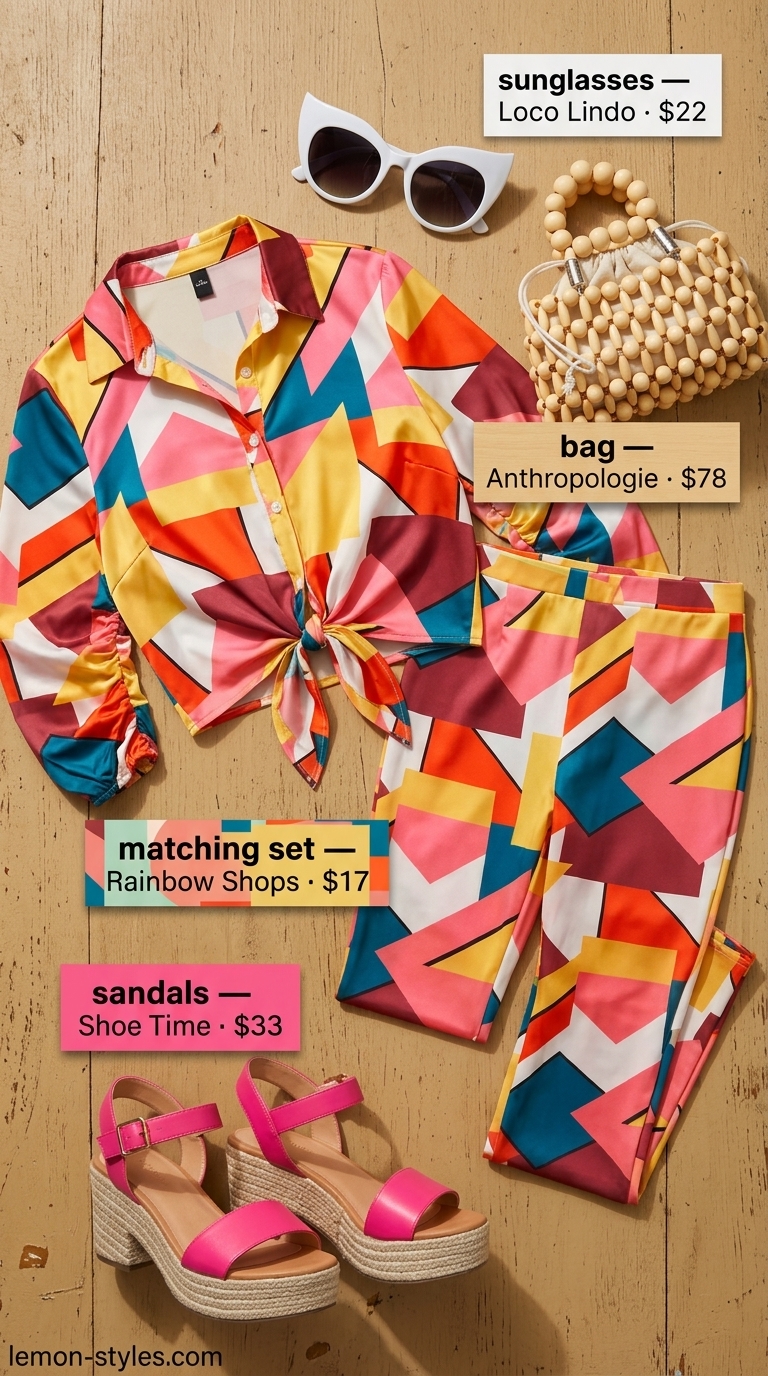 Trendy plus size summer outfits for women 2026: Abstract print co-ord set, espadrilles, and cat-eye sunglasses.