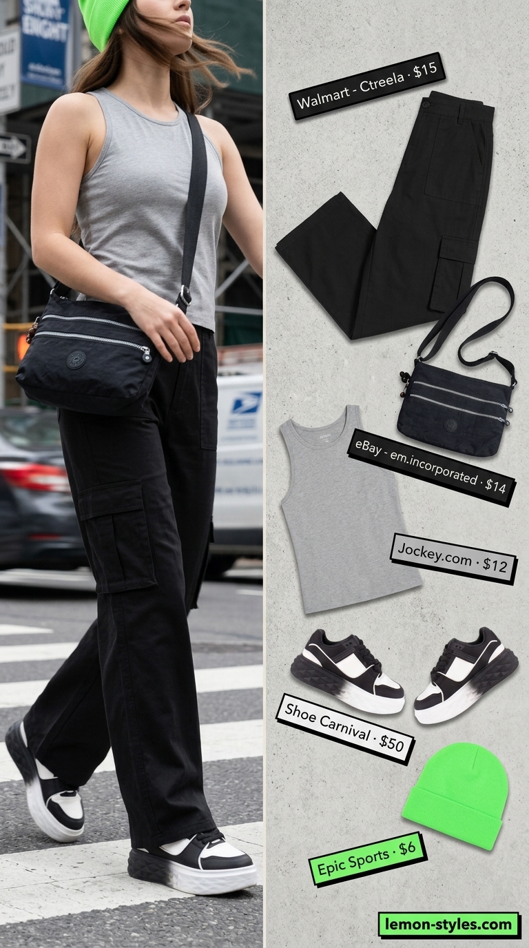 Trendy plus size summer outfits for women 2026: Black cargo pants, grey tank, neon beanie, and chunky sneakers.
