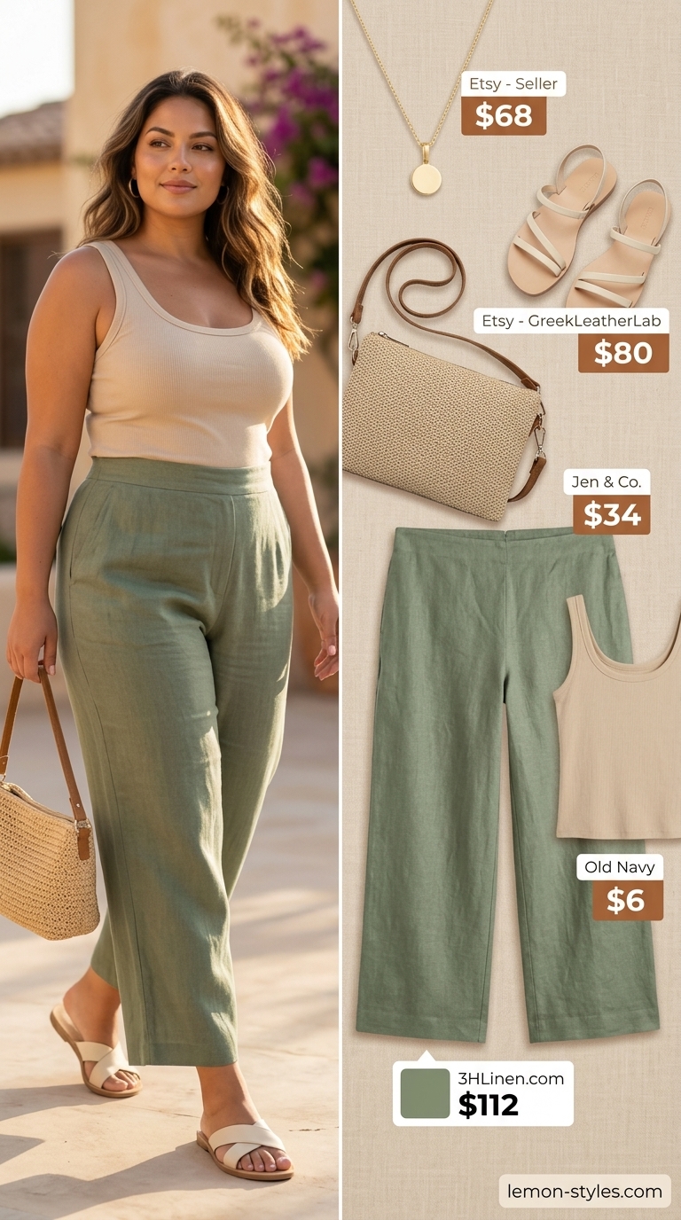 Trendy plus size summer outfits for women 2026: Sage green linen pants, cream tank, straw bag for resort wear.