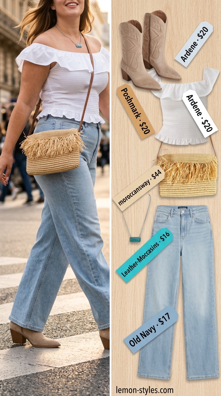 Trendy plus size summer outfits for women 2026: Wide leg jeans, eyelet top, cowboy boots, and raffia bag.