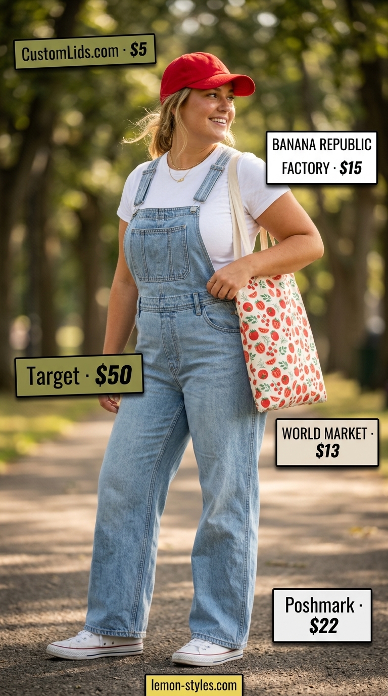 Trendy plus size summer outfits for women 2026: Denim overalls, white tee, canvas tote, and red cap for park fun.