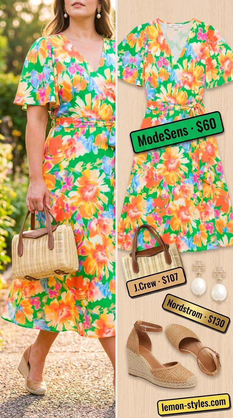 Trendy plus size summer outfits for women 2026: Floral wrap dress, wicker bag, and blush sandals for a garden party.