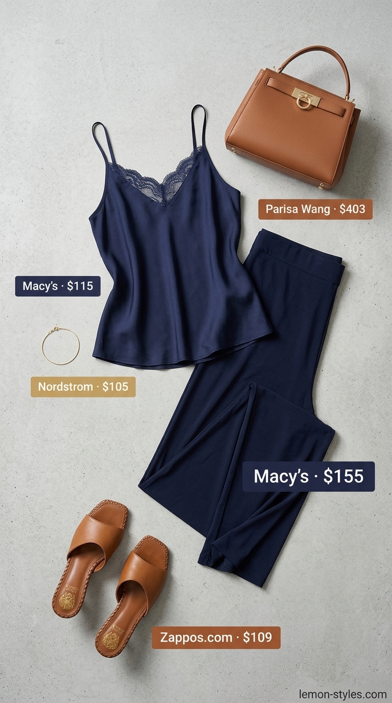 Trendy plus size summer outfits for women 2026: Navy wide-leg pants, ivory cami, cognac mules for business casual.