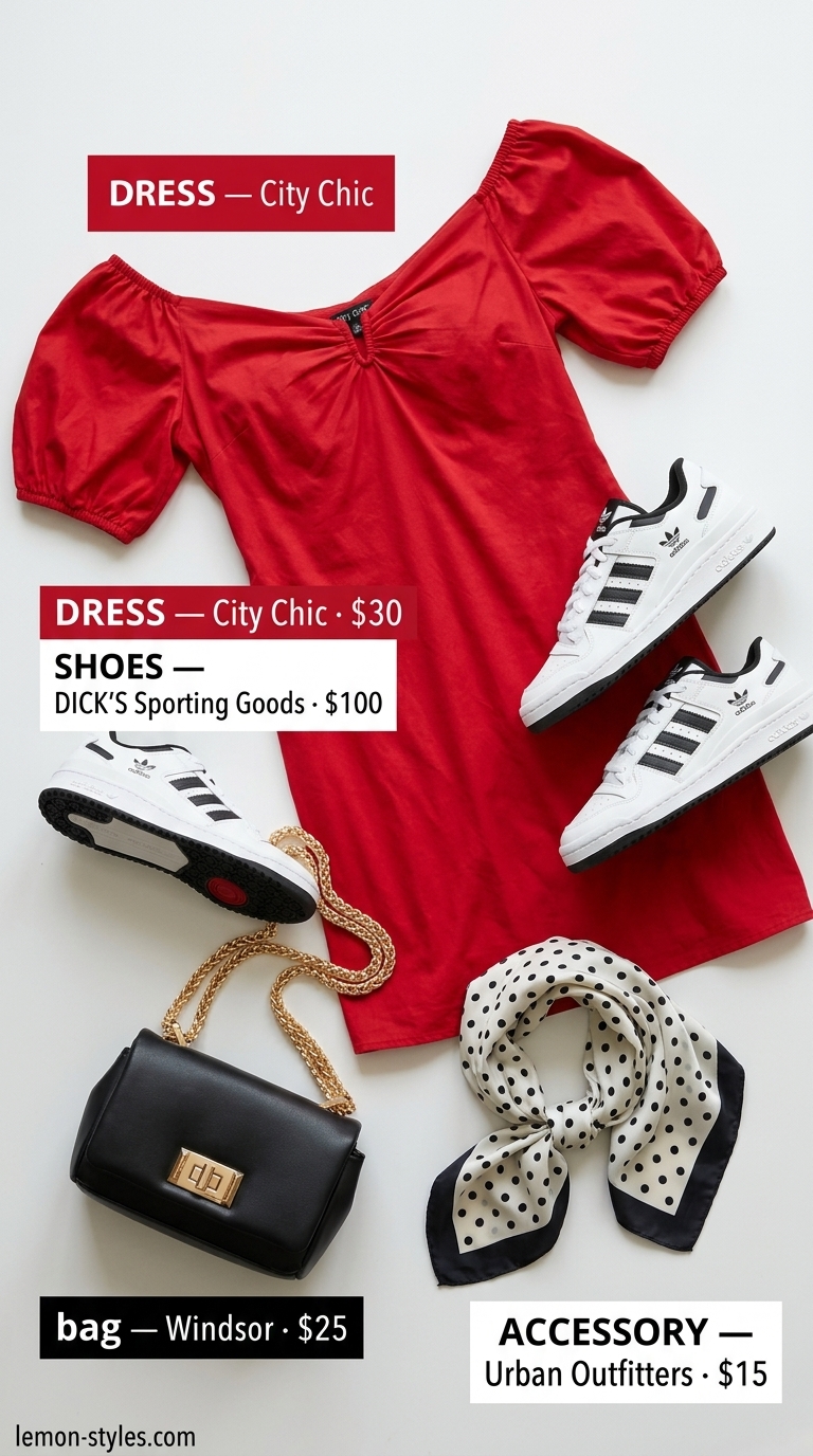 Trendy plus size summer outfits for women 2026: Cherry red dress, polka dot scarf, white sneakers for a retro vibe.