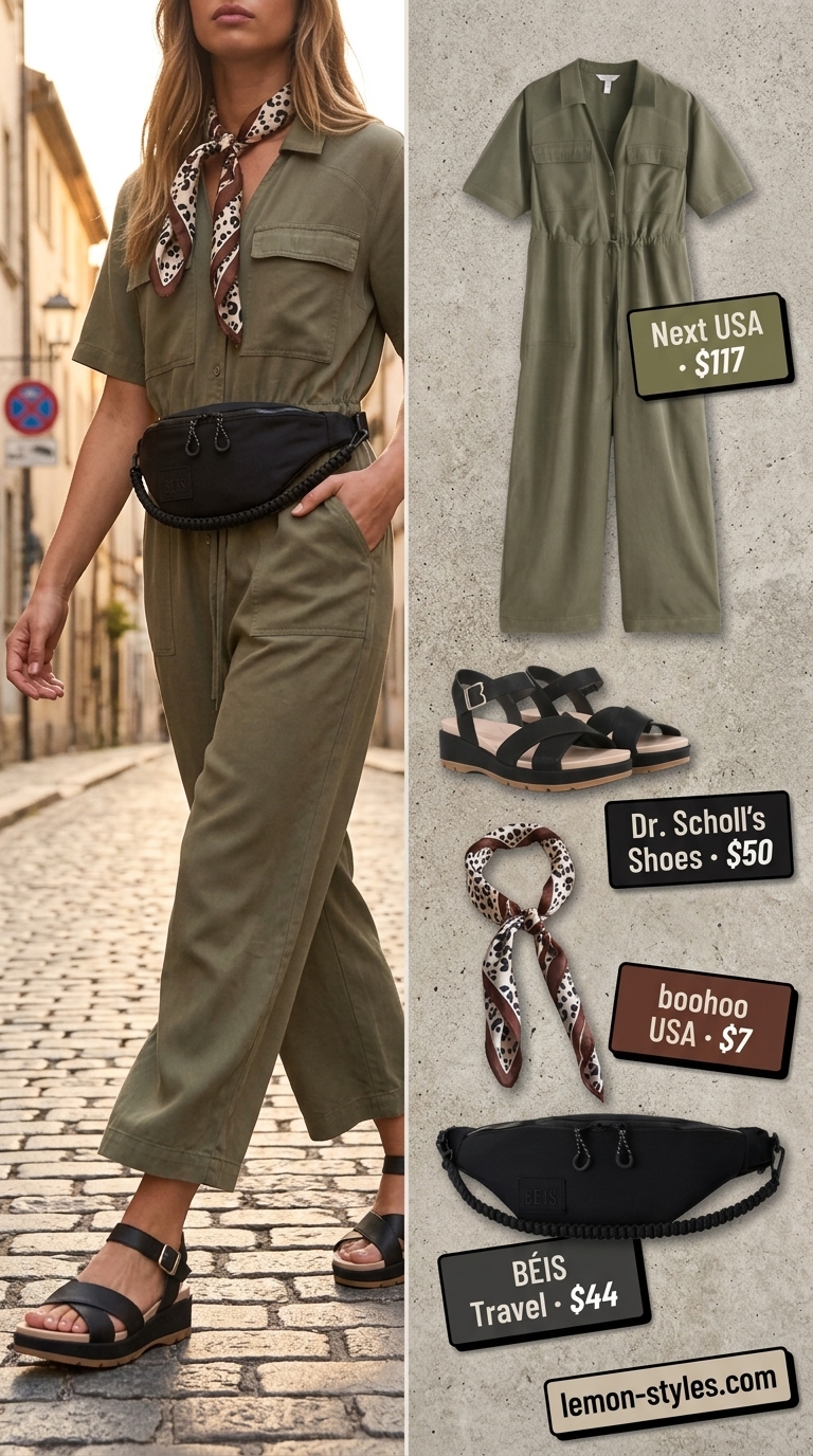 Trendy plus size summer outfits for women 2026: Khaki utility jumpsuit, leopard scarf, and chunky sandals for a day trip.