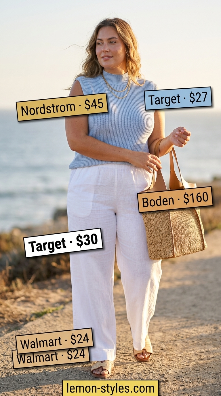 Trendy plus size summer outfits for women 2026: White linen pants, sky blue top, raffia bag for a relaxed coastal vibe.