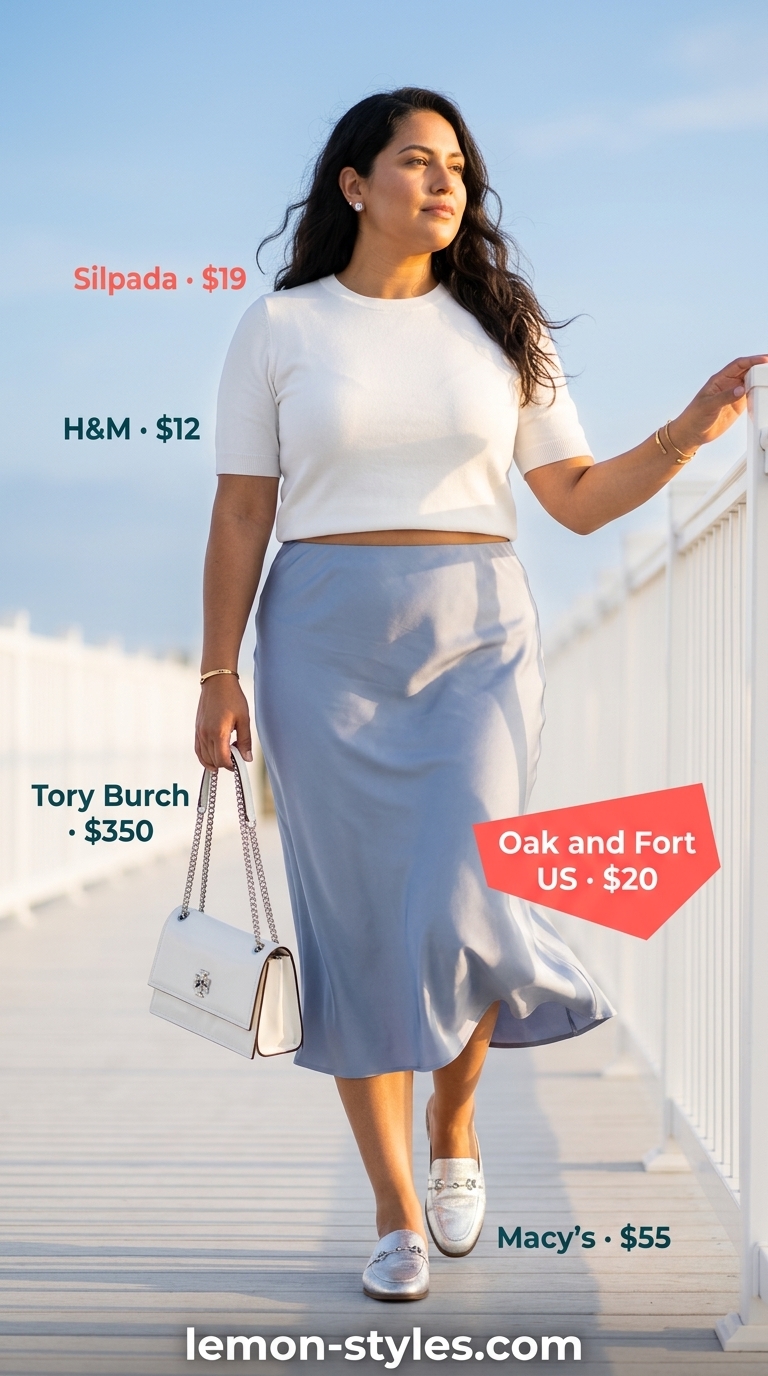 Trendy plus size summer outfits for women 2026: Sky blue satin skirt, knit top, and mules for resort glam.