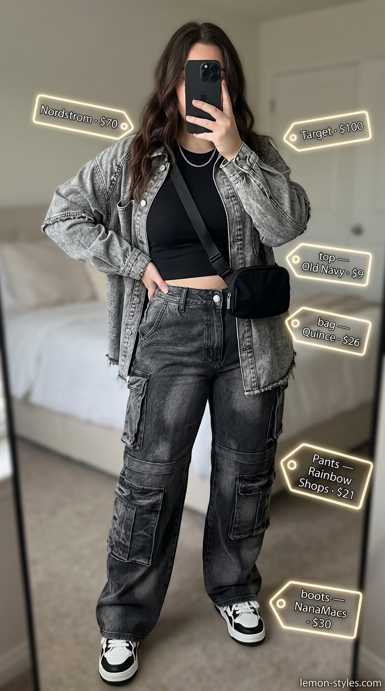 Trendy plus size summer outfits for women 2026: Acid wash cargo pants, black crop top, denim jacket for edgy style.