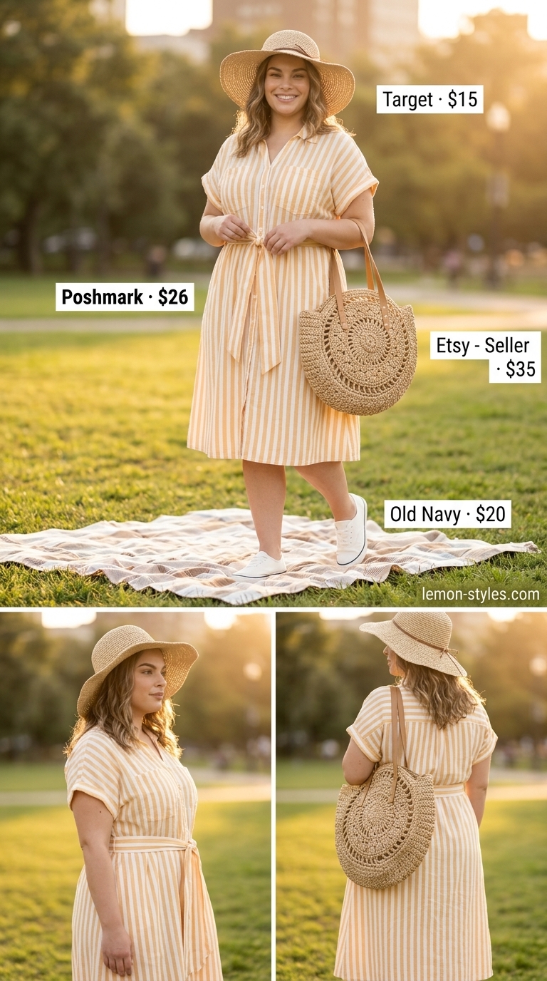 Trendy plus size summer outfits for women 2026: Yellow stripe midi dress, straw hat, and sneakers for a farmer's market.