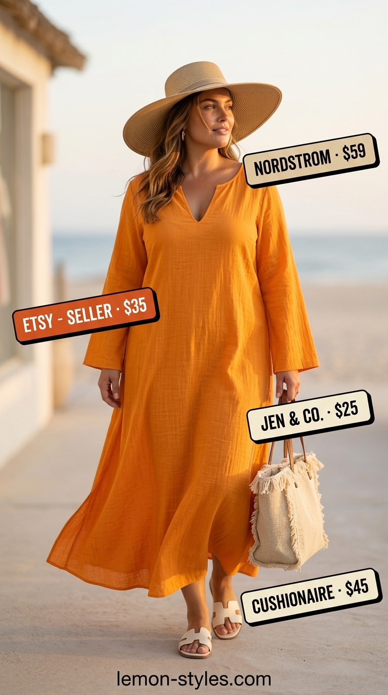 Trendy plus size summer outfits for women 2026: Terracotta caftan dress, woven tote, and straw hat for a relaxed vibe.