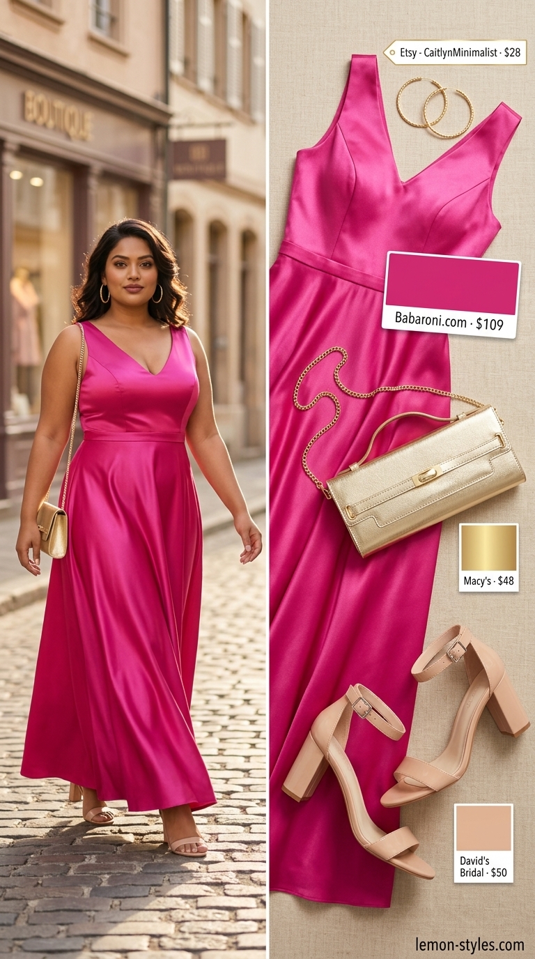 Trendy plus size summer outfits for women 2026: Fuchsia maxi dress, gold earrings, nude sandals for resort dinner.