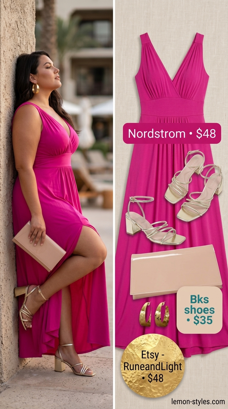 Trendy plus size summer outfits for women 2026: Fuchsia maxi dress, gold earrings, metallic sandals for vacation dinner.