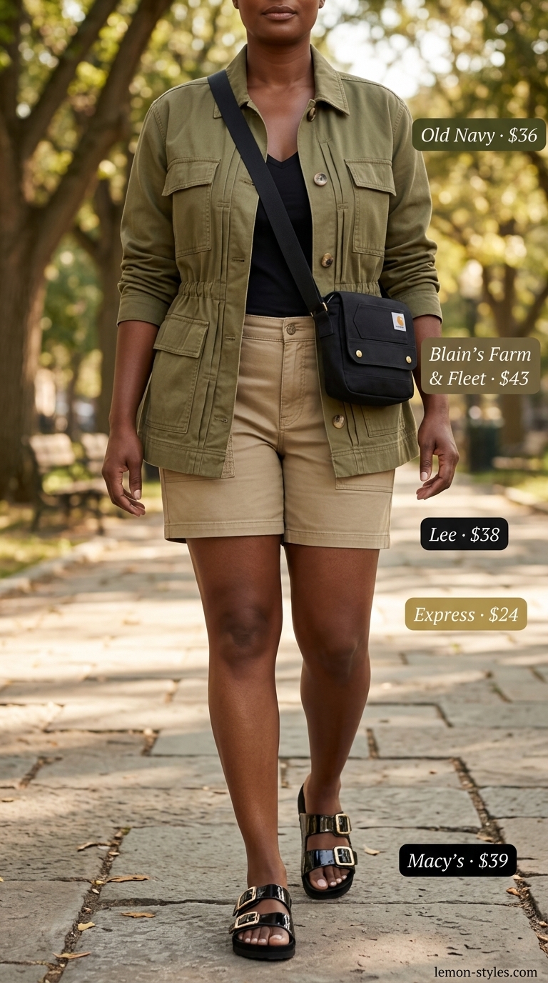 Trendy plus size summer outfits for women 2026: Utility shorts, jacket, V-neck tee, and sandals for urban exploration.