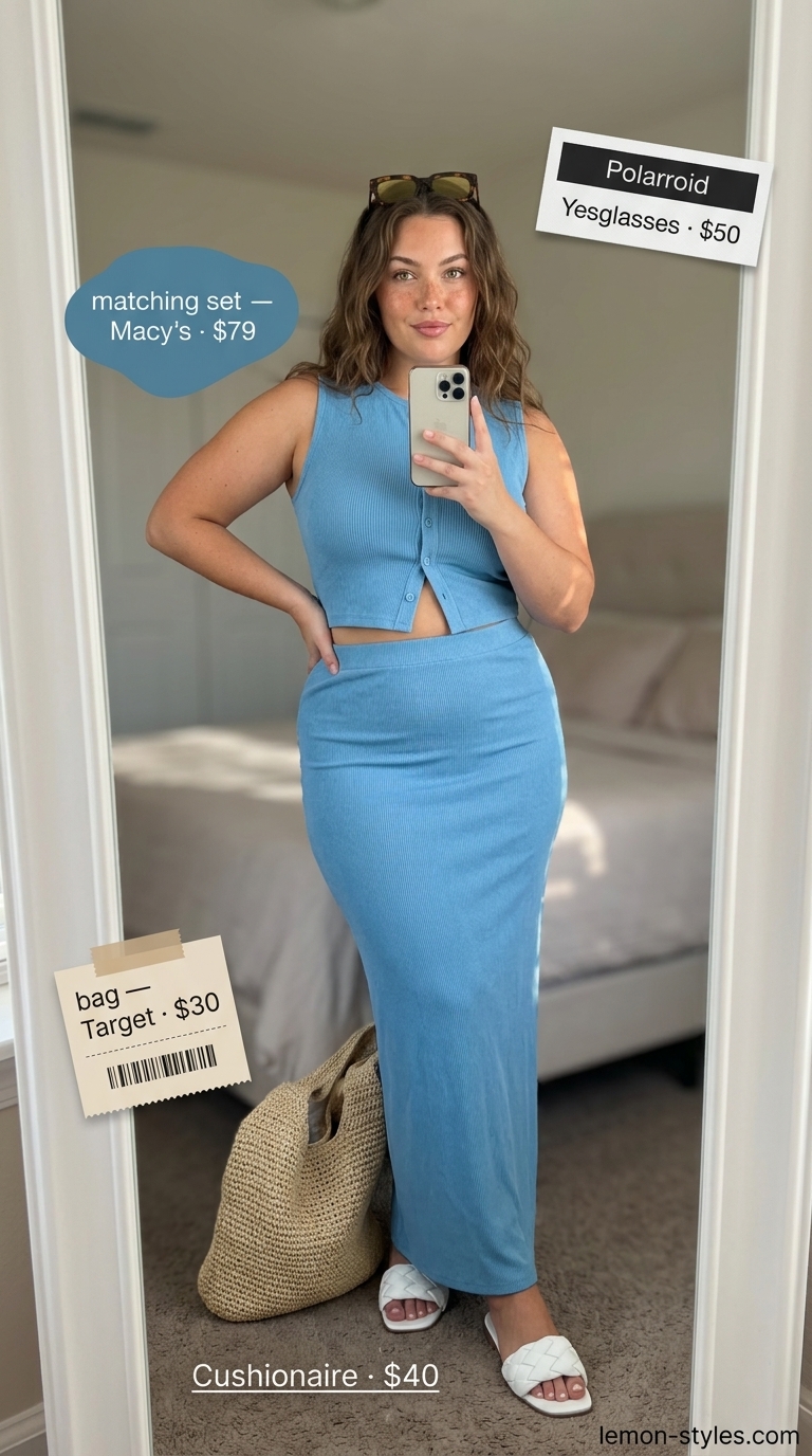 Trendy plus size summer outfits for women 2026: Ocean blue matching set with white sandals for a weekend trip.