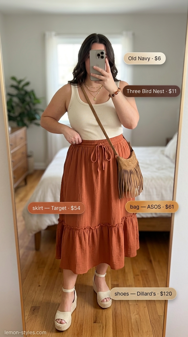 Trendy plus size summer outfits for women 2026: Rust orange tiered skirt with cream tank and espadrilles for festival.