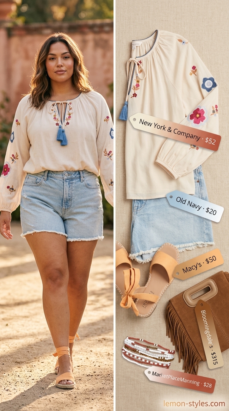Trendy plus size summer outfits for women 2026: Embroidered peasant blouse with denim shorts for a casual day out.