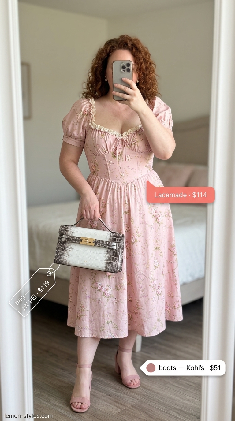 Trendy plus size summer outfits for women 2026: Pastel floral midi dress with block heels for a garden party.