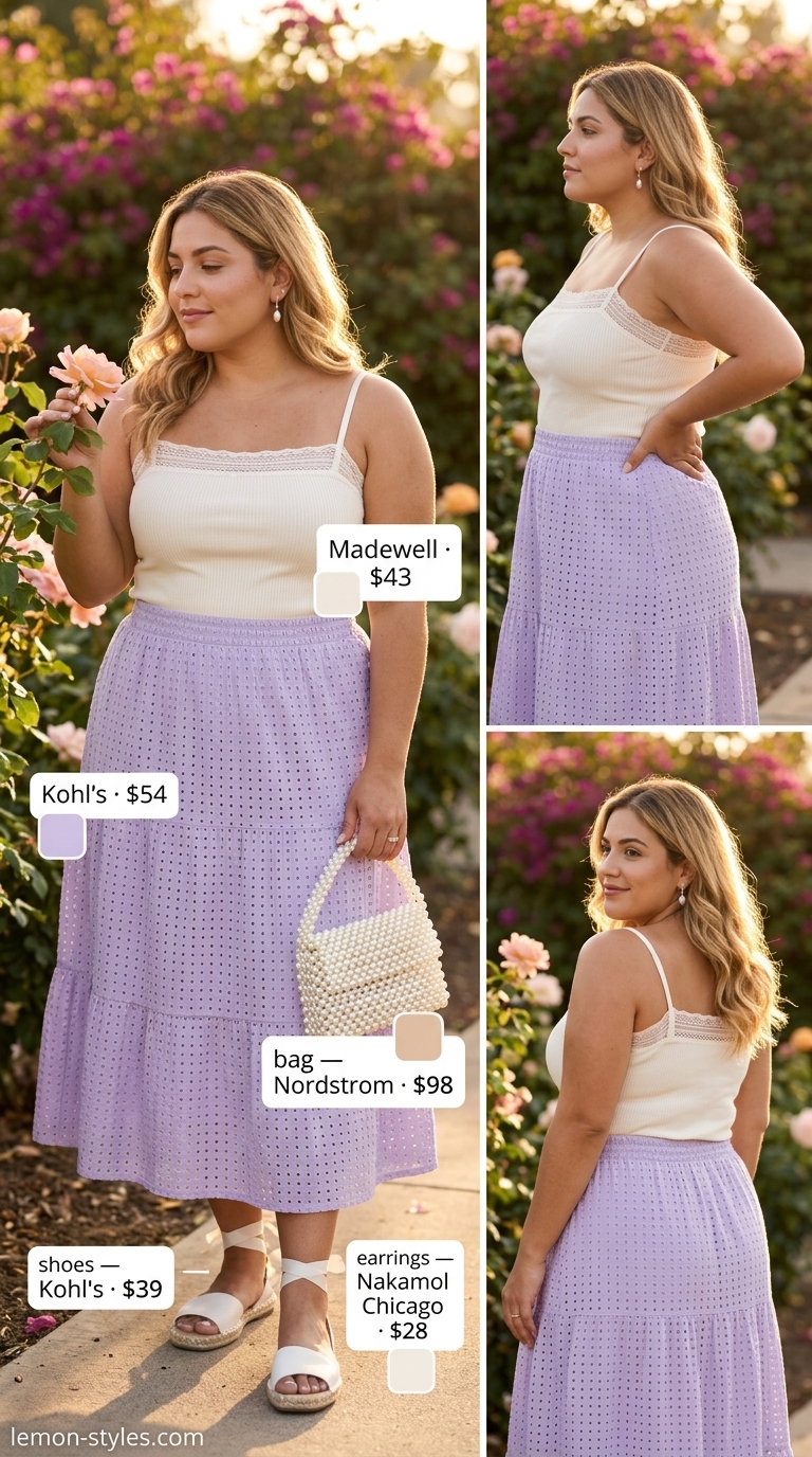 Trendy plus size summer outfits for women 2026: Lavender tiered midi skirt with white knit top for brunch.