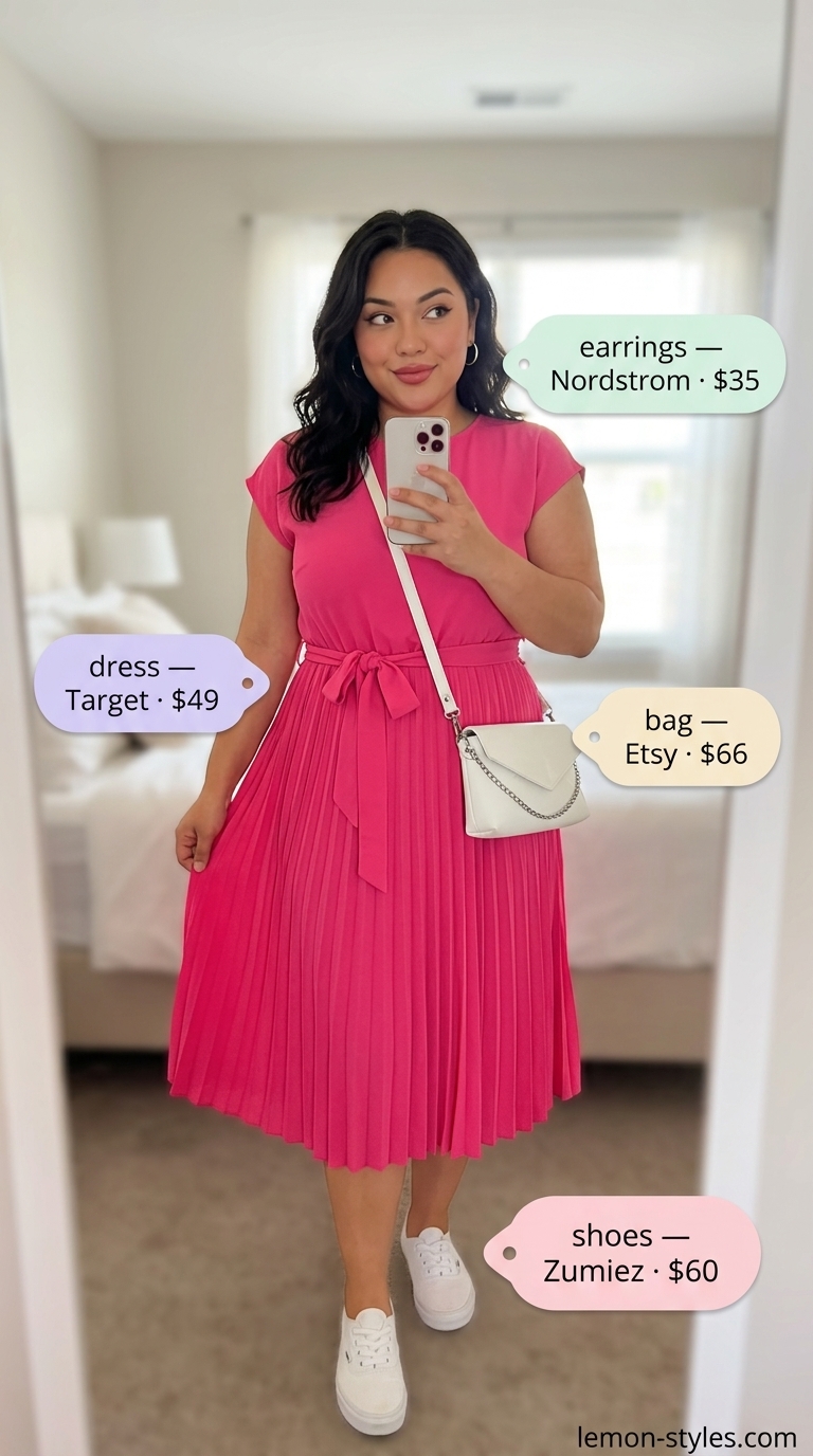 Trendy plus size summer outfits for women 2026: Playful hot pink mini dress with white sneakers for a day trip.