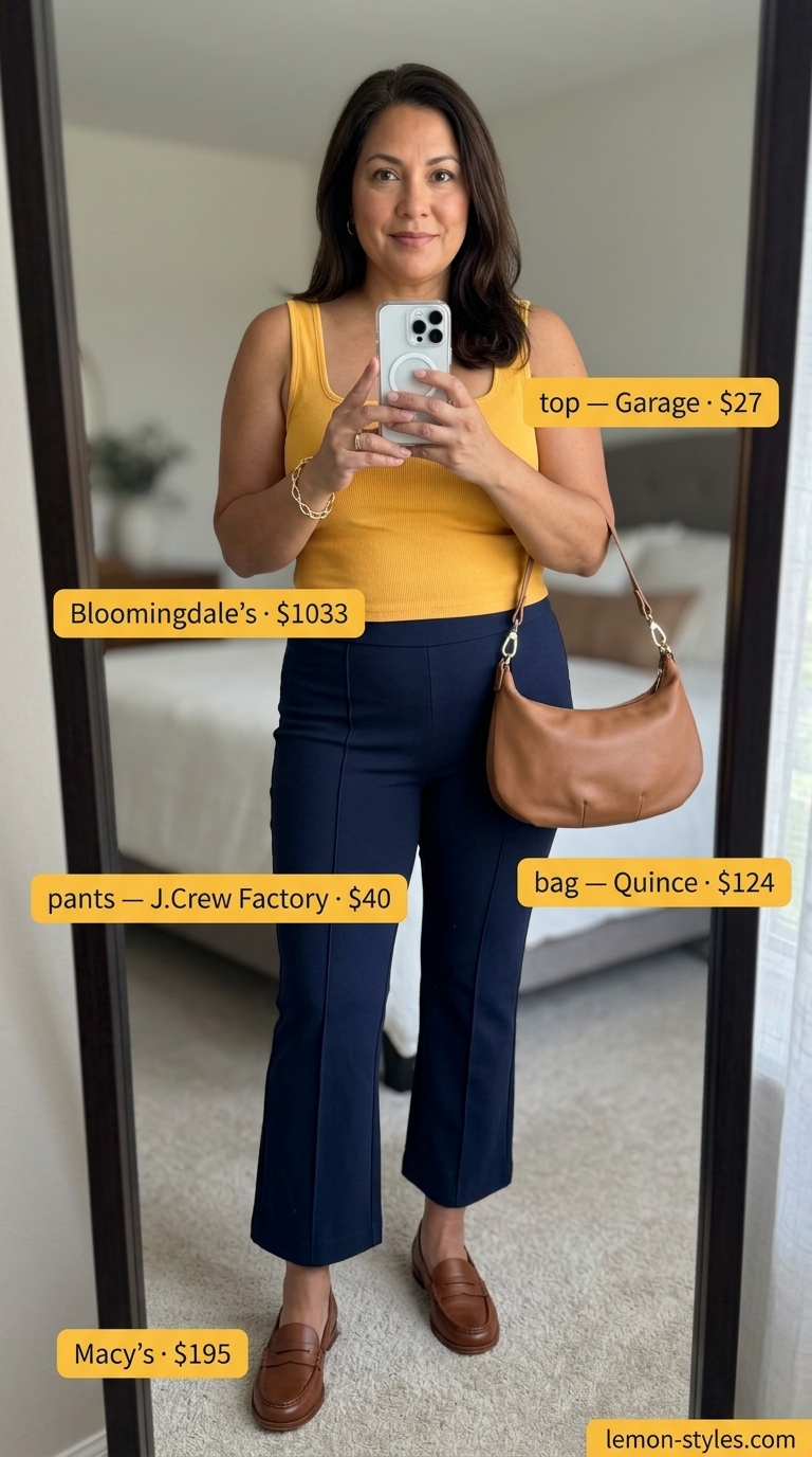 Trendy plus size summer outfits for women 2026: Navy tailored trousers with marigold knit top for smart casual.