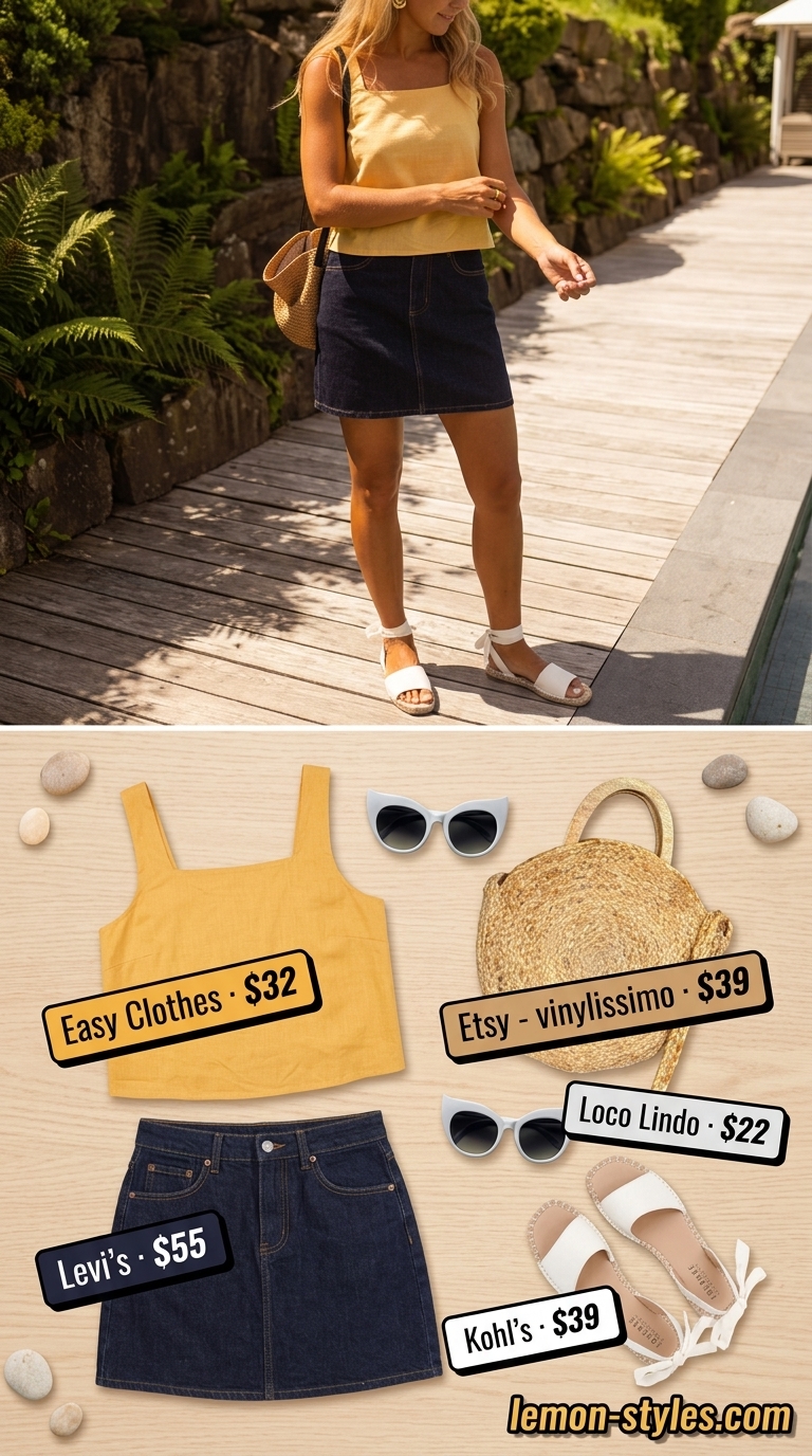 Trendy plus size summer outfits for women 2026: Sunny yellow linen co-ord set with espadrilles for beach club lunch.