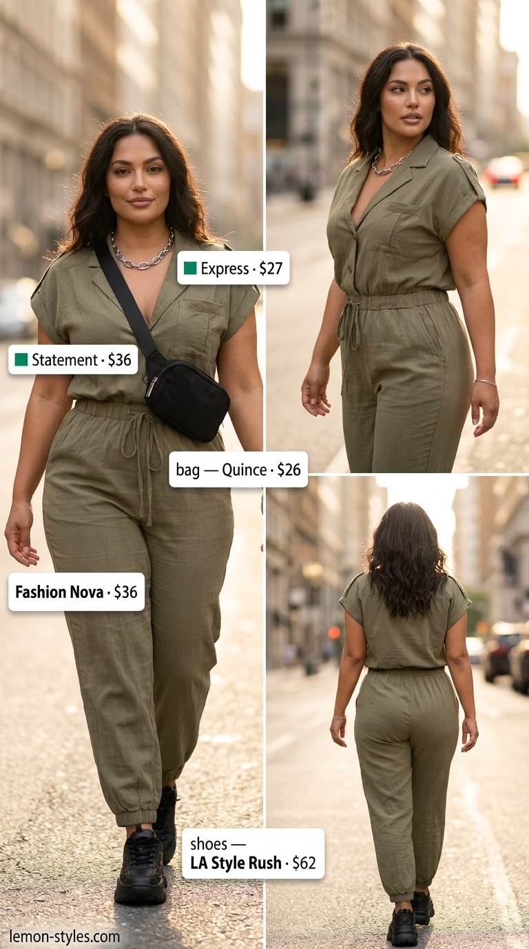 Trendy plus size summer outfits for women 2026: Khaki utility jumpsuit with chunky sneakers for city sightseeing.
