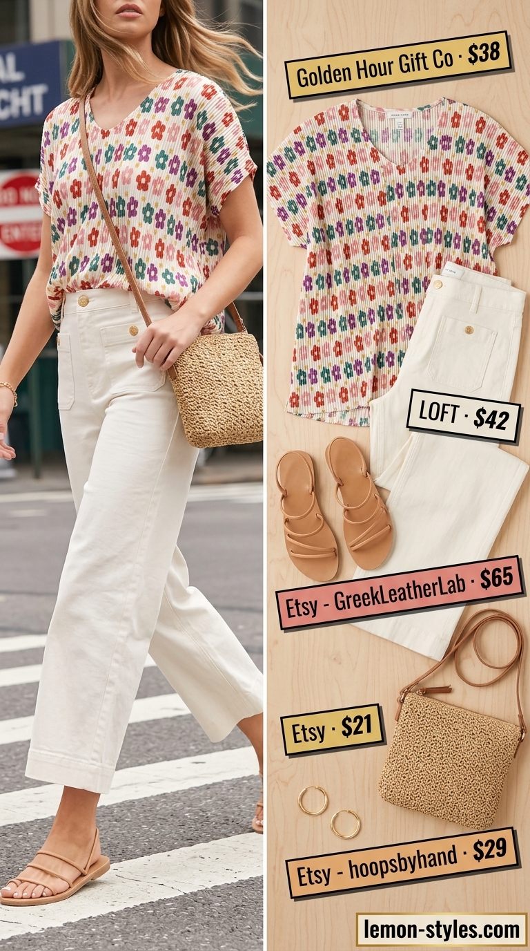 White high-waisted cropped wide-leg pants with a floral blouse and flat sandals for a casual day.