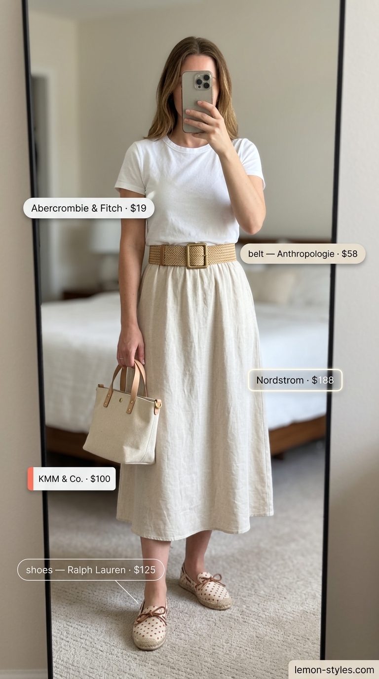 Casual white summer linen pants for women 2026 alternative in a natural beige midi skirt, paired with a white tee and espadrilles.
