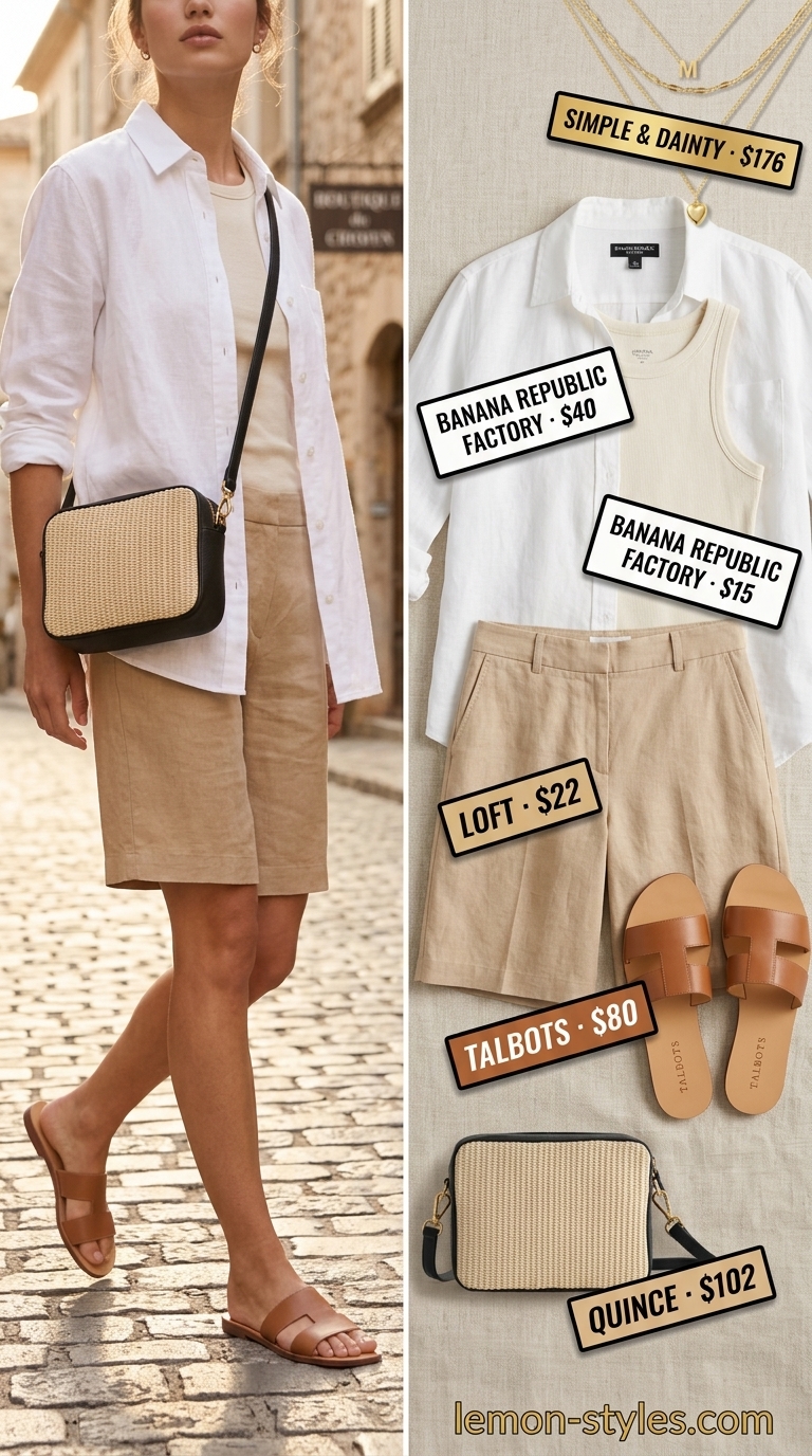 Relaxed white summer linen pants for women 2026 alternative in Bermuda shorts, styled with a linen shirt and ribbed tank.