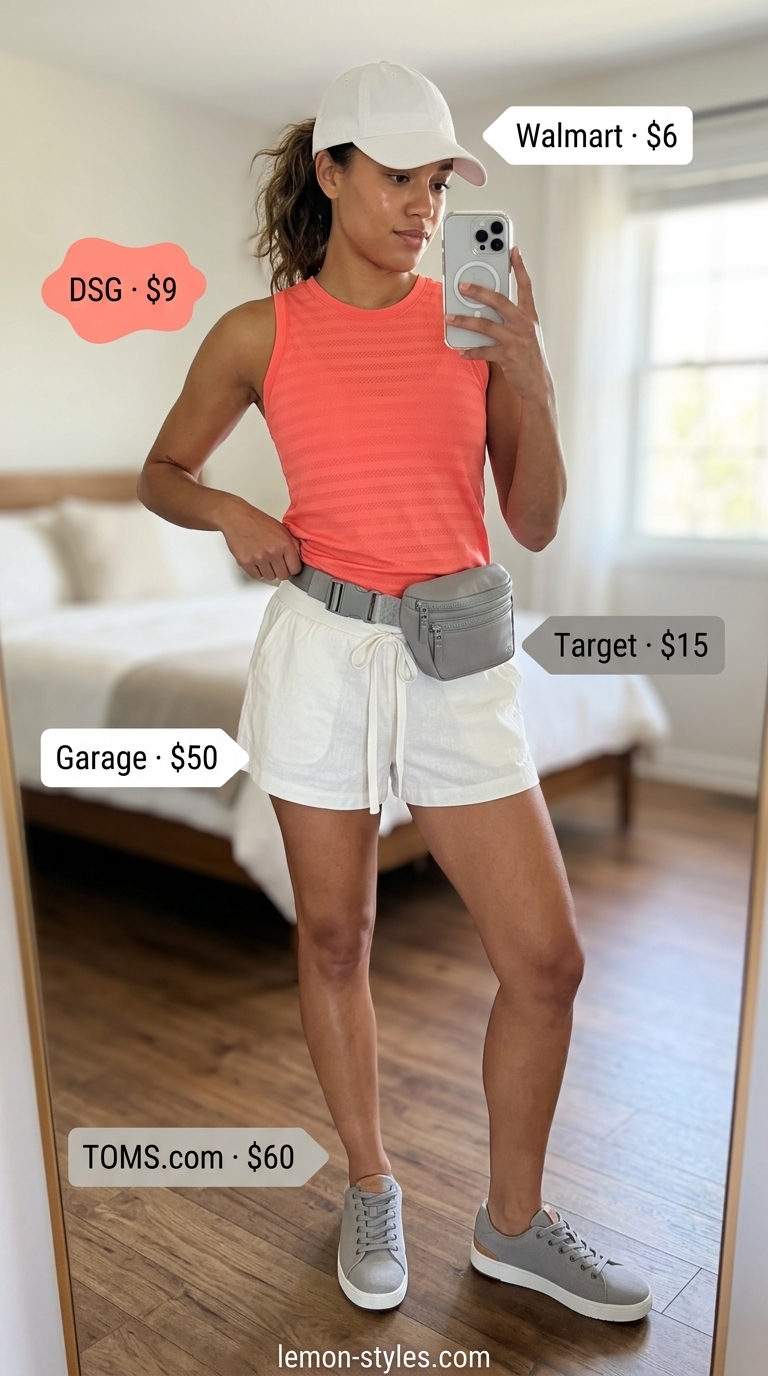 Sporty white summer linen pants for women 2026 alternative in white linen-blend shorts, paired with a coral tank and sneakers.