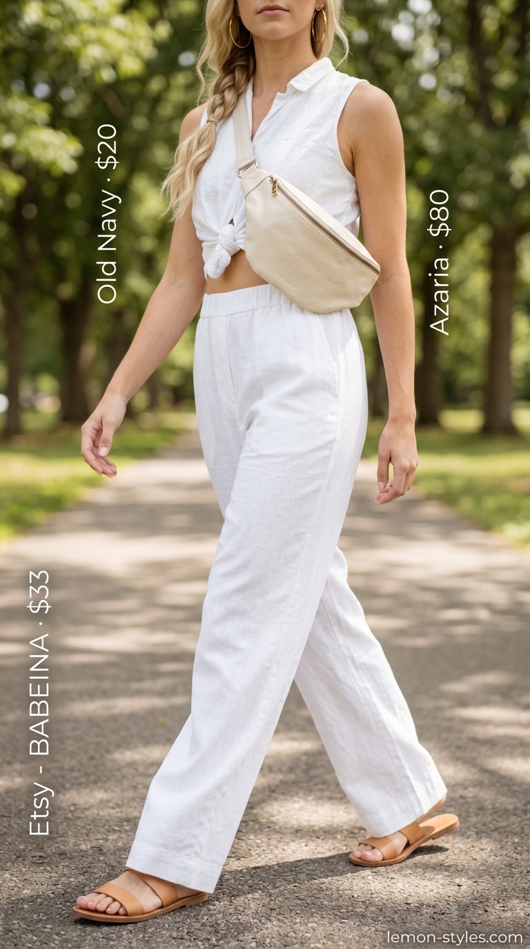 Off-white linen pants and cropped tee set with sneakers. White summer linen pants for women 2026.