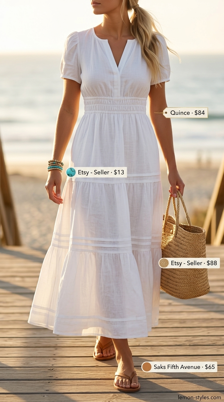 Flowy white linen maxi dress with sandals and straw tote. White summer linen pants for women 2026 alternative.