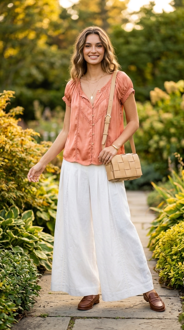 Optic white linen trousers with coral silk blouse and loafers. White summer linen pants for women 2026.