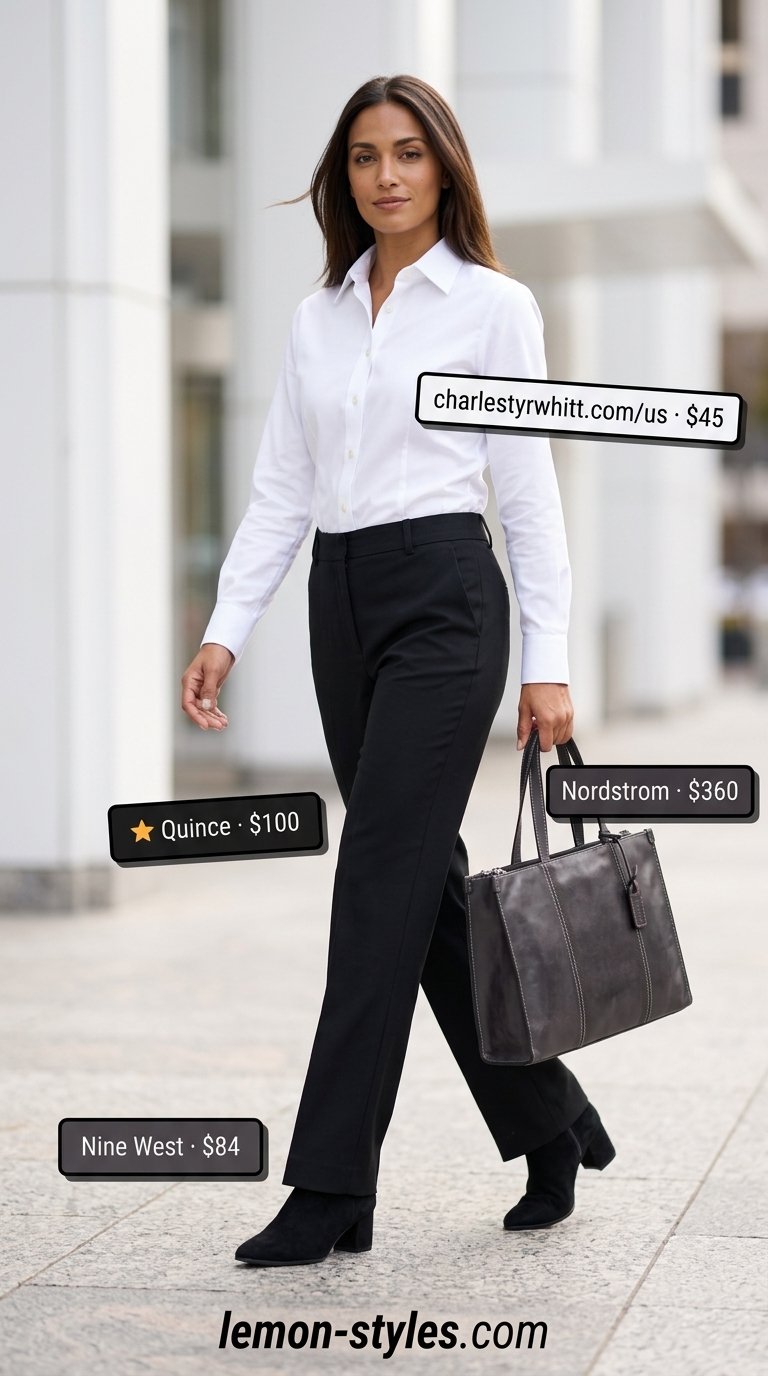 Black tailored trousers with white shirt and ankle boots. White summer linen pants for women 2026 alternative.