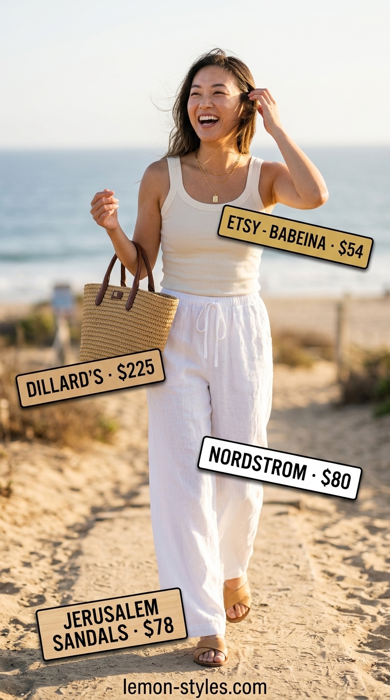 Crisp white linen pants with a cream tank top, straw tote, and leather slides. White summer linen pants for women 2026.
