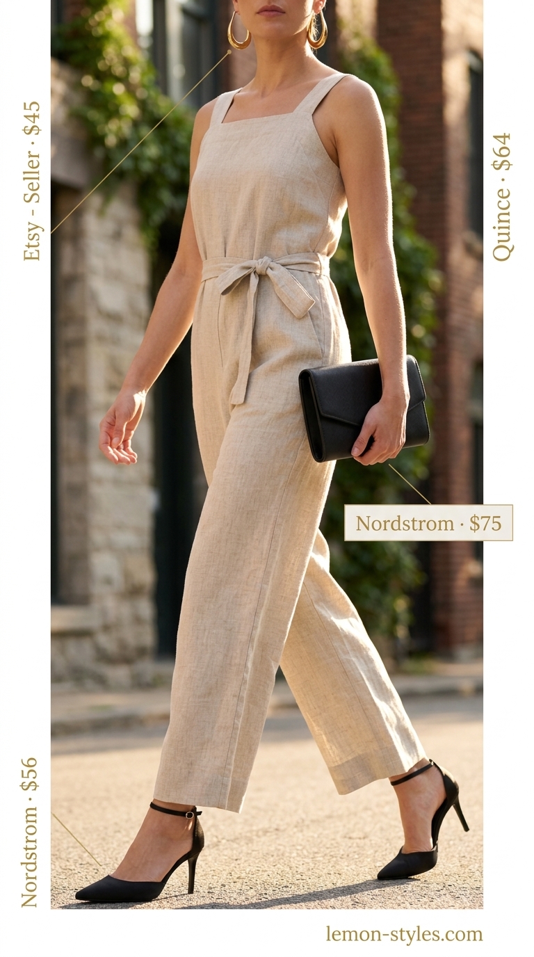 Sophisticated white summer linen pants for women 2026 in a cream wide-leg jumpsuit, paired with black heels and gold earrings.