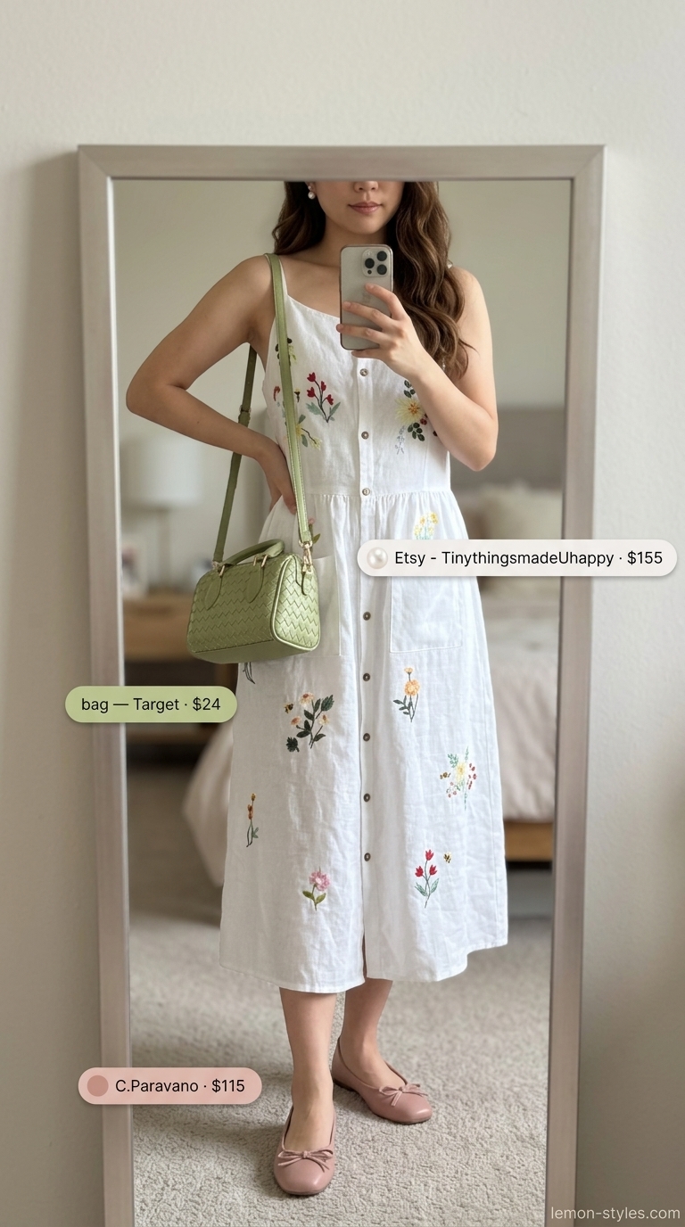 Soft white linen midi dress with floral embroidery. White summer linen pants for women 2026 alternative.