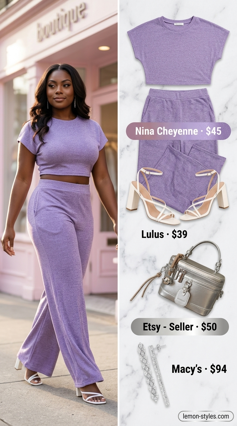Trendy white summer linen pants for women 2026 in a lavender co-ord set with wide-leg pants and cropped top, silver accessories.