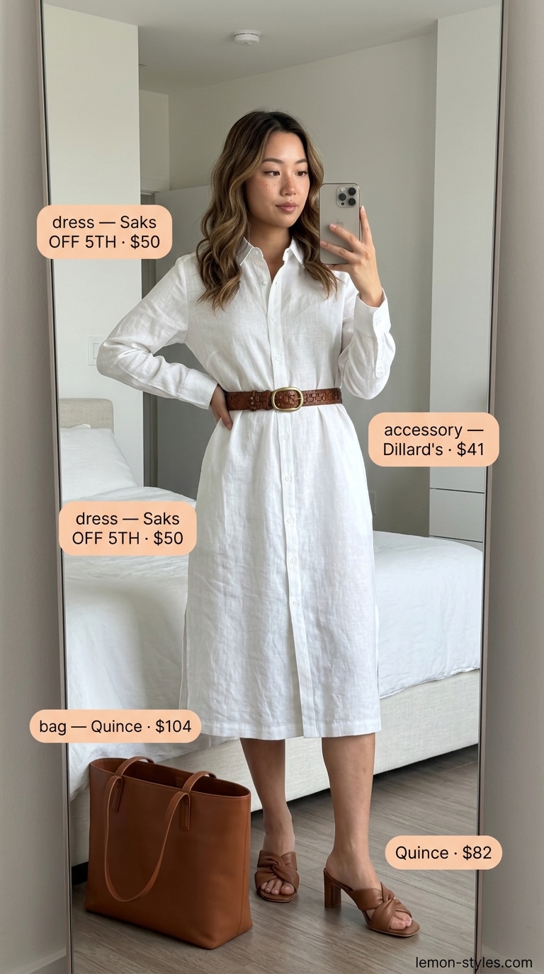 Effortless white linen shirt dress with leather belt and mules for casual errands. White summer linen pants for women 2026 style.