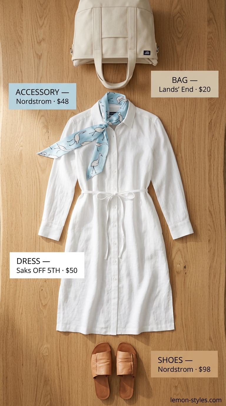 Effortless white summer linen pants for women 2026 styled with a beige linen shirt dress, leather slides, and tote.