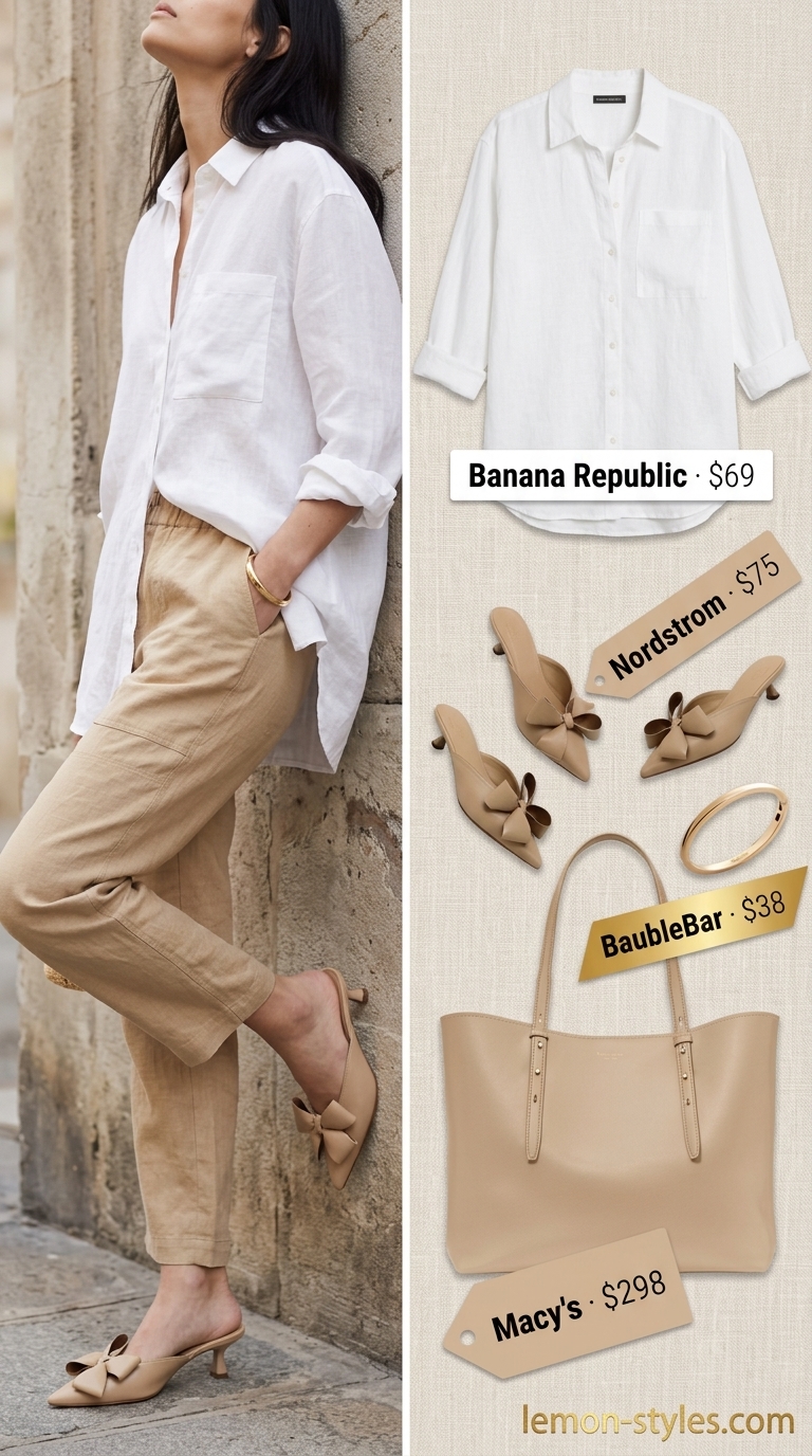 White summer linen pants for women 2026: Oversized linen shirt and wide-leg pants set in pure white with beige mules.