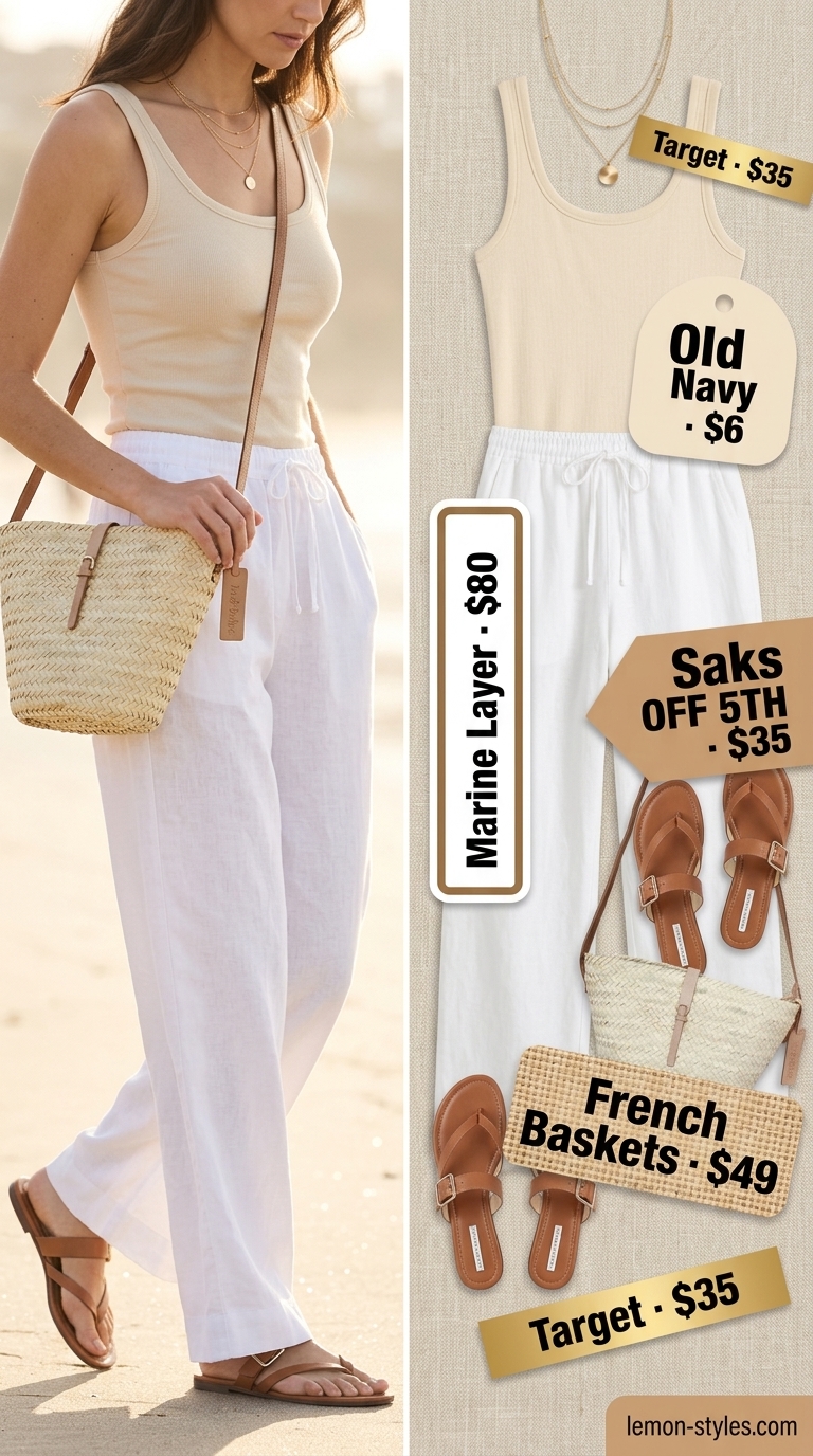 White summer linen pants for women 2026: High-waisted wide-leg linen pants with cream tank and gold necklaces.