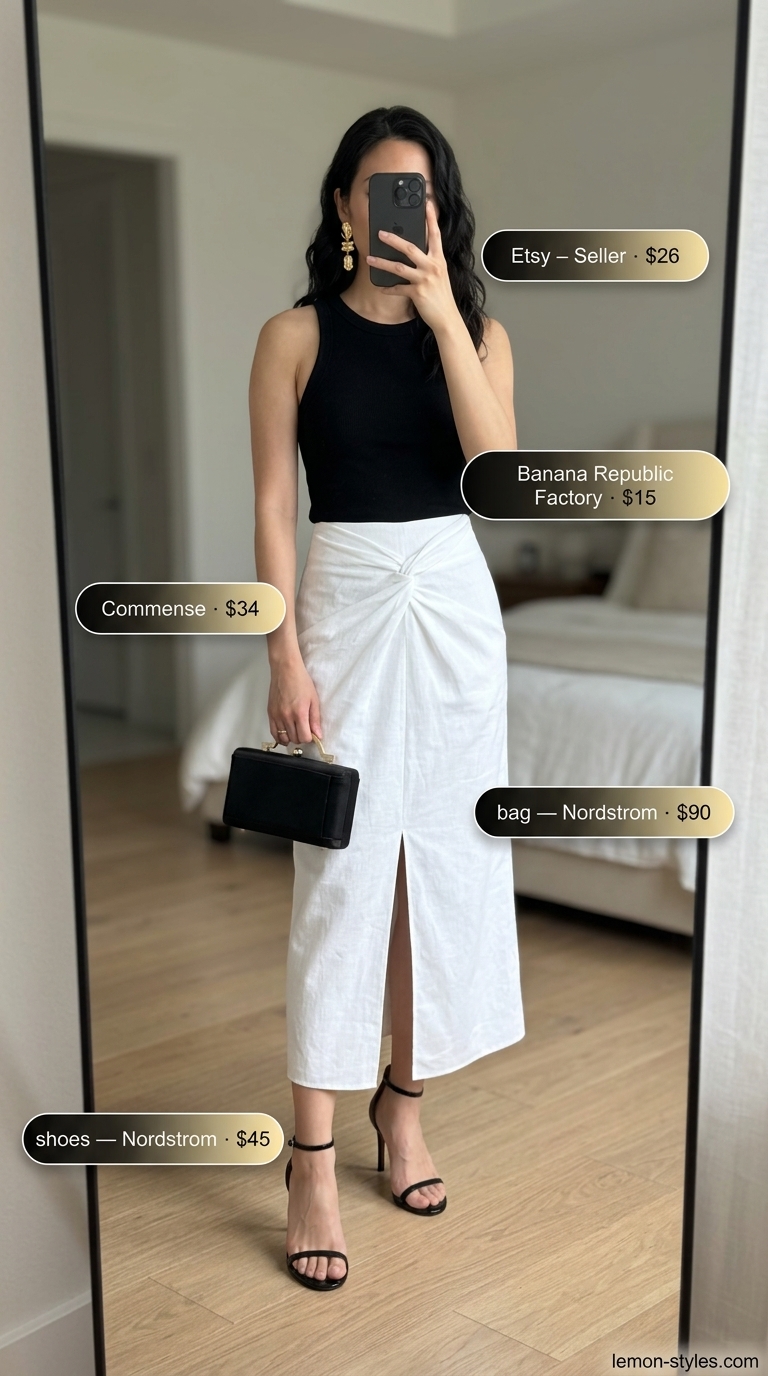 Flowy white linen midi skirt with black tank and heels. White summer linen pants for women 2026 alternative.