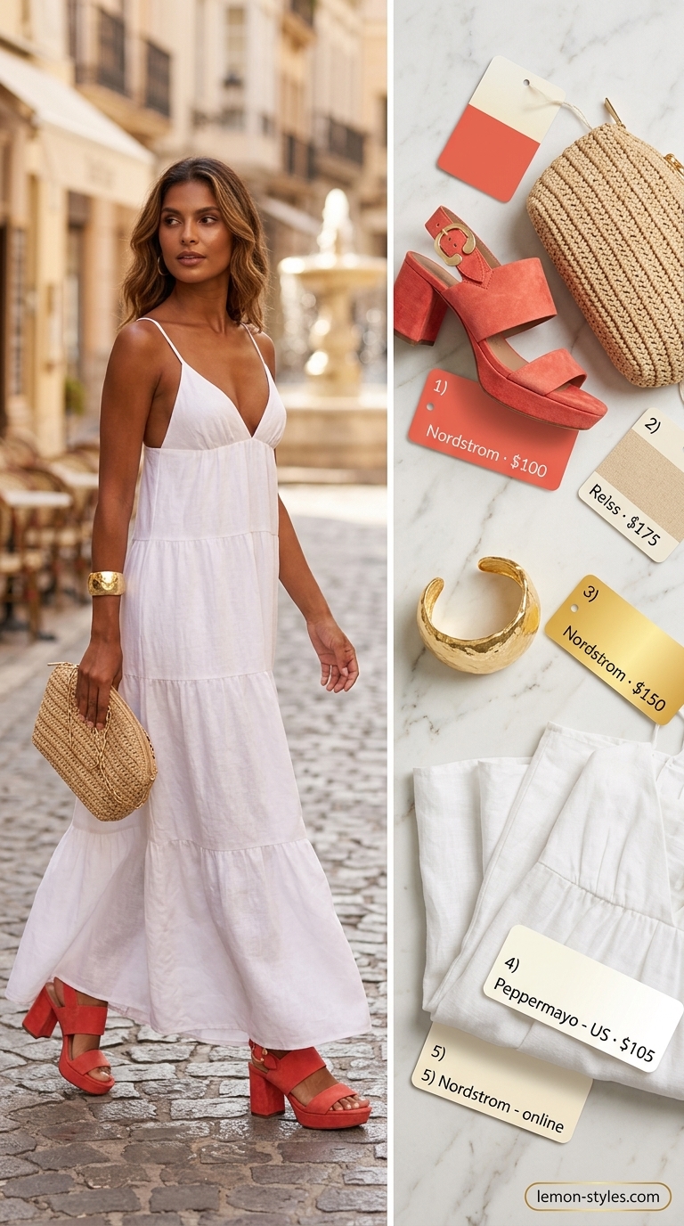 Elegant white linen maxi dress with gold accessories for vacation dinner. White summer linen pants for women 2026 inspo.
